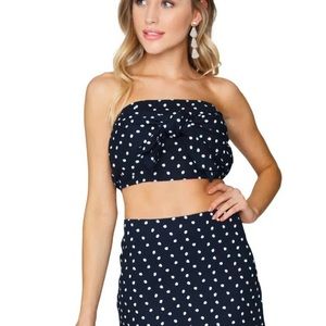 Mink Pink Polka Dot navy and white crop top with adjustable tie